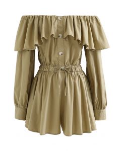 Flapped Off-Shoulder Button Decorated Playsuit in Camel