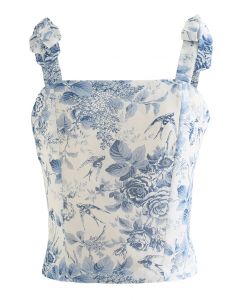 Swallow and Rose Printed Tie-Strap Top