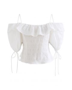 Ruffled Cold-Shoulder Embossed Crop Top in White
