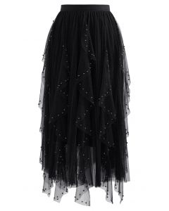 Scattered Bead Decor Pleated Tulle Skirt in Black