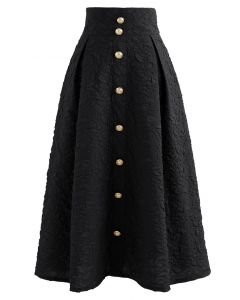 High Waist Button Down Embossed Midi Skirt in Black