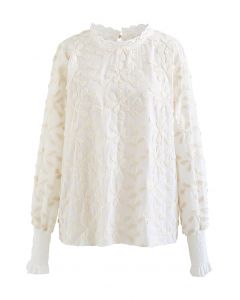 3D Blossom Puff Sleeve Embroidered Cotton Top in Cream