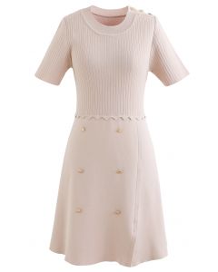Golden Button Stretchy Knit Dress in Blush