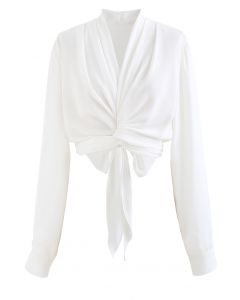 Crisscross Tie-Bow Satin Top in White