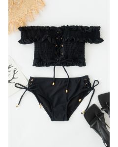 Lace-Up Ruffle Off-Shoulder Bikini Set in Black