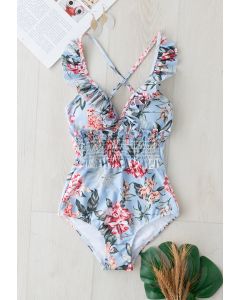 Flower Print Ruffle Shirring Swimsuit