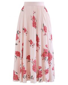 High-Waisted Floral Pleated Midi Skirt in Light Pink