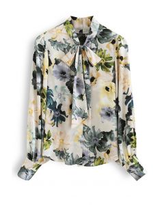Bow Neck Floral Print Satin Shirt