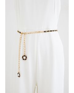 Floral Pearl Faux Leather Gold Chain Belt in Black