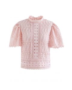 Wandering Vine Crochet Flare Sleeve Top in Pink
