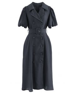 Double-Breasted Puff Sleeve Trench Dress in Smoke