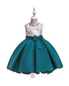 Embroidered Branch Bowknot Hi-Lo Princess Dress in Emerald For Kids