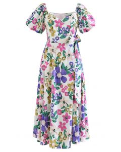 Floral Painting Wrap Dress in White