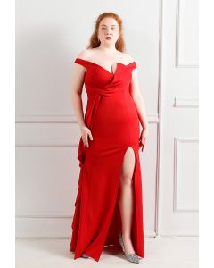 Off-Shoulder Cascade Ruffle Split Satin Gown in Red