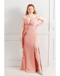 Off-Shoulder Cascade Ruffle Split Satin Gown in Pink
