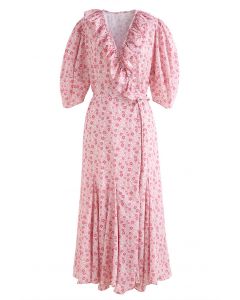 Ruffle Trim V-Neck Floret Chiffon Dress in Pink