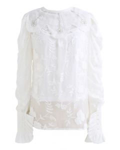 Floral Collar Embroidered Ruffle Shirt in White