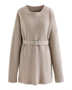 Belted Ribbed Longline Sweater in Tan