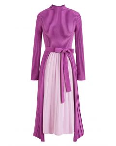 Front Pleats Splicing Belted Hi-Lo Knit Dress in Violet