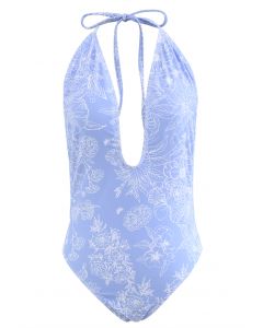 Floral Sketch Open Back Swimsuit in Blue