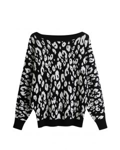 Leopard Jacquard Batwing Sleeve Sweater in Black