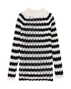 Wavy Stripe Pattern Longline Knit Sweater
