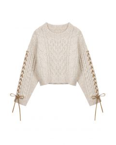 Lace-Up Sleeves Braided Knit Crop Sweater in Camel