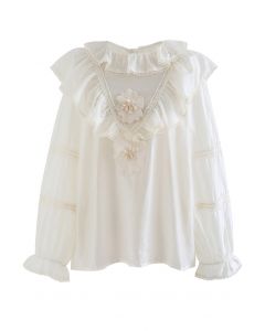 Tiered Doll Collar Floral Embroidered Shirt in Cream
