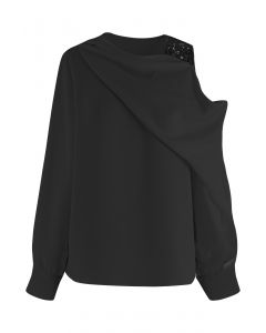 Asymmetric Cold-Shoulder Drape Satin Top in Black