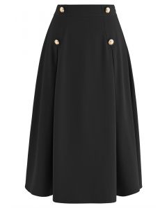 Buttoned Pleated A-Line Skirt in Black