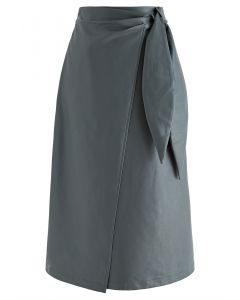 Faux Leather Tie-Waist Flap Midi Skirt in Smoke