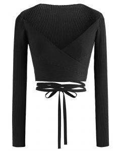 Crisscross Tie Waist Wrap Knit Top in Black