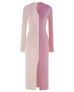 Button Down Two-Tone Spliced Bodycon Knit Dress in Pink