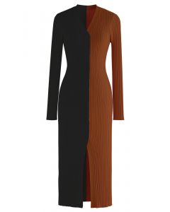 Button Down Two-Tone Spliced Bodycon Knit Dress in Caramel