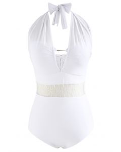 Translucent Waist Mesh Spliced Swimsuit in White