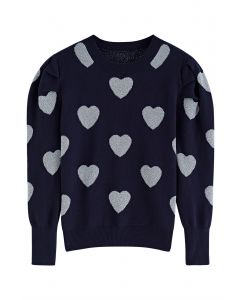 Metallic Heart Puff Shoulder Knit Sweater in Navy