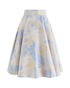 Sunlit Blue Peony Jacquard Flare Midi Skirt