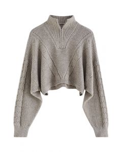 Zipper Neck Embossed Braided Knit Crop Top in Taupe
