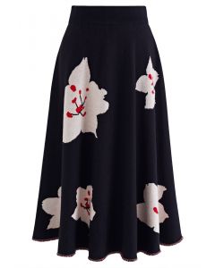 Fringed Hem Floral Knit Midi Skirt