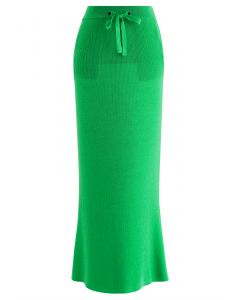 Knitted High Waist Pencil Maxi Skirt in Green