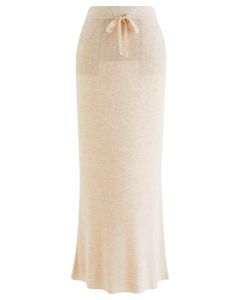 Knitted High Waist Pencil Maxi Skirt in Apricot