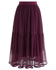 Fairy Plisse Mesh Tulle Midi Skirt in Plum