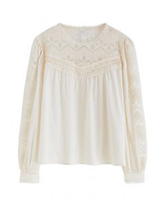 Embroidered Mesh Inserted Creamy Dolly Top