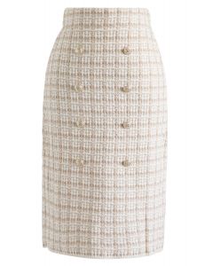 Buttons Decorated Grid Pencil Midi Skirt in Light Tan