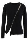 Zipper Up Ribbed Knit Top in Black