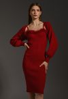 Feathered Ribbed Knit Twinset Dress in Burgundy