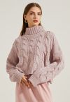 Turtleneck Braid Knit Crop Sweater in Pink