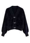 Bowknot Brooch Fuzzy Knit Cardigan in Black