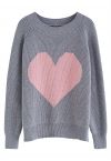 One Heart Rib Knit Oversized Sweater in Grey