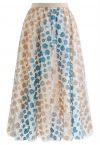 Gradient 3D Flower Double-Layered Mesh Skirt in Dusty Blue